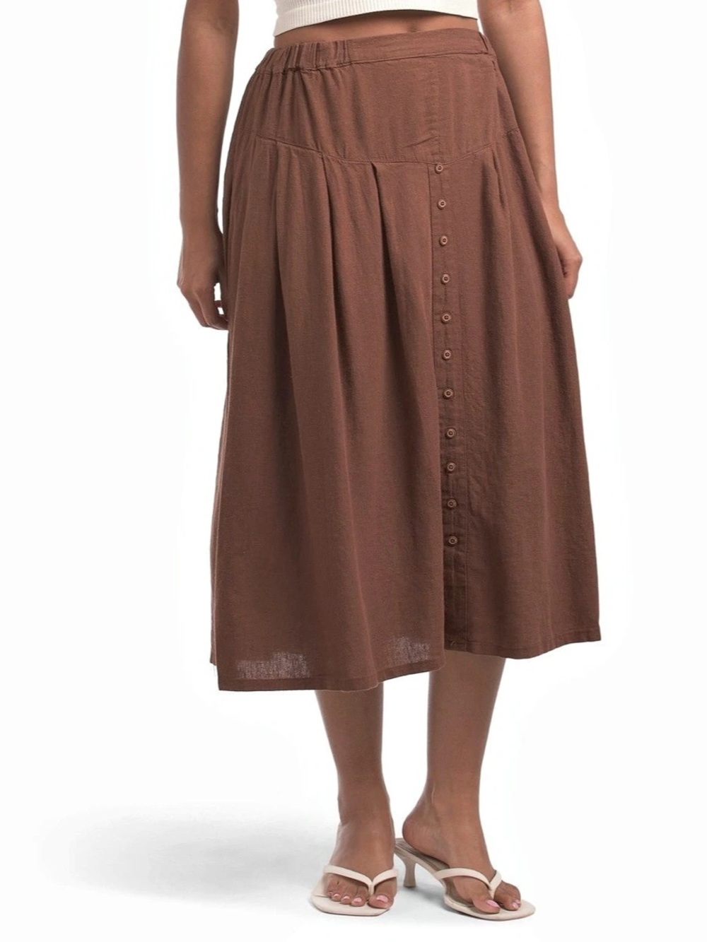 Women's Brown linen blend button front a-line skirt Medium